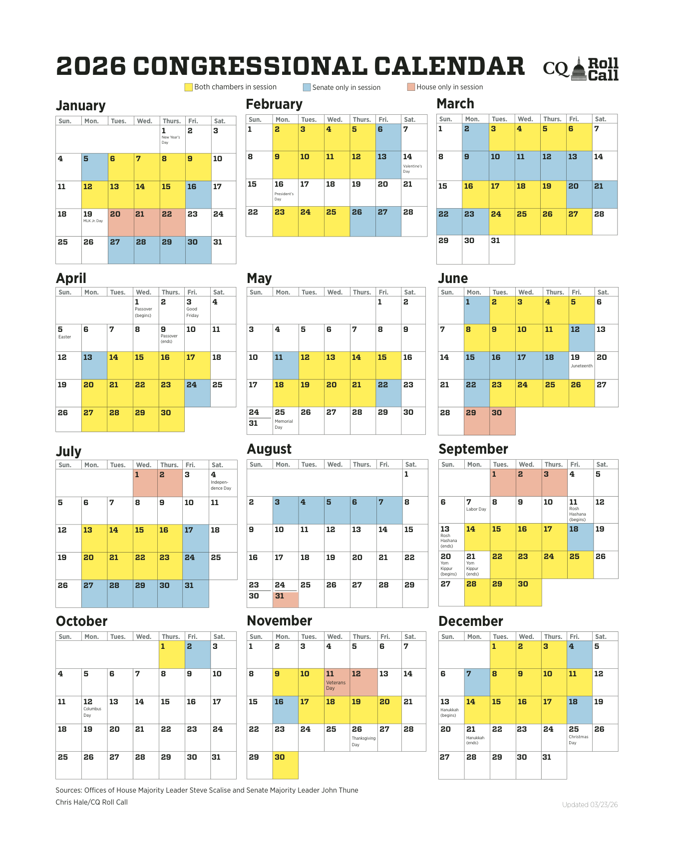 2026 congressional calendar showing days both chambers, Senate only, or House only are in session