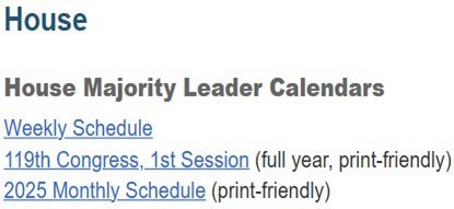 House Majority Leader Calendars listing on congress.gov