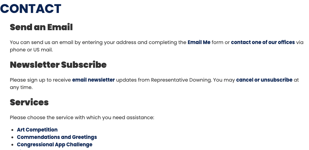 Example member website contact page with services and issue sections