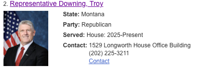 Example congress.gov member search result showing the Contact link